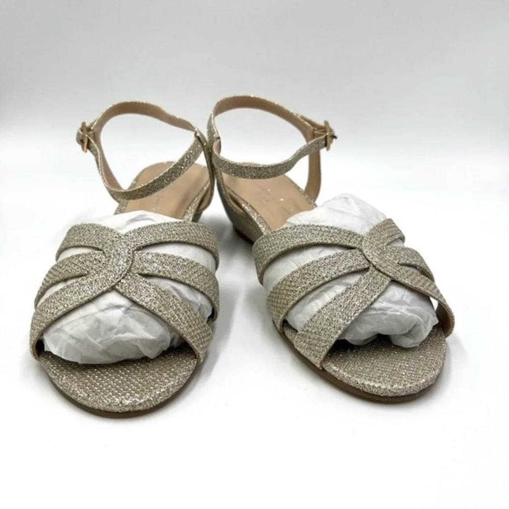Paradox London Womens Size 7‎ Jackie Low Wedge Champagne Shimmer Dress Sandals